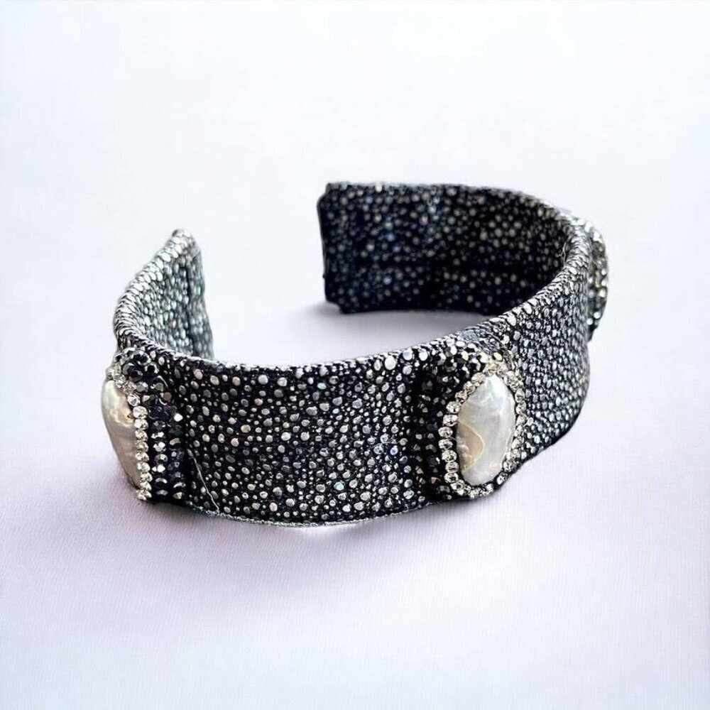 Stingray Gray Open Cuff Bracelet with Pearls and Rhinestones